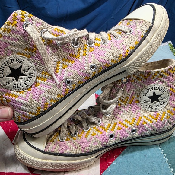 Converse Shoes - Converse Chuck 70 High Top Sneakers Womens 9 Mens 7 Pink Yellow Woven Chevron